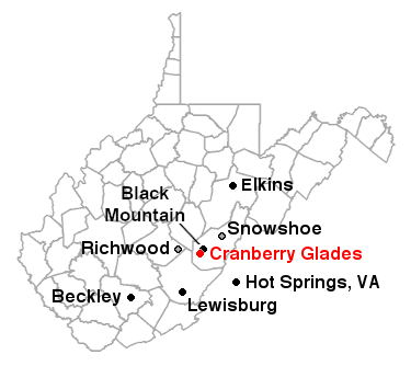 Map of West Virginia climate stations near Cranberry Glades